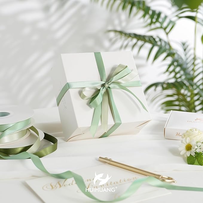 HUIHUANG Sage Green Satin Ribbon 1/2 inch X 50 Yards Continuous, Light Green Double-Faced Satin Ribbon for Gift Wrapping, Bows, DIY Crafts, Flower Bouquet, Bridal Shower Wedding Decor