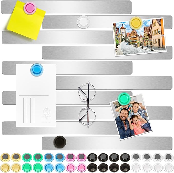 Wukong 10 Pack | 30x3cm(11.81 x 1.18) Magnetic Stainless Silver Boards Strips, Adhesive Backing Bulletin Bar Board, Memo Board with 32Pcs Colorful Magnets for Office, Home, Photo Wall, Documents