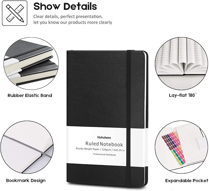 Huhuhero 10 Pack Lined Journal Notebook, 120Gsm College Ruled Thick Paper Journals for Writing, Hardcover Notebooks for Work School Business Note Taking Women Men, 5"×8.25" (10, Black)