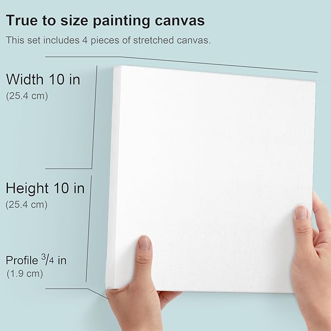 PHOENIX 10x10 Inch 4 Pack Artist Canvas - Square Stretched Canvases for Painting - 3/4 Inch Profile, 100% Cotton 11 Oz. Gesso Primed White Blank Professional Canvas Oil & Acrylic Paints
