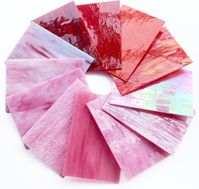 ILLUCKAI 12 Sheets Mixed Red Pink Stained Glass Sheets, 4 x 6 inch Stained Glass Supplies Mosaic Glass Tiles for Crafts, Cathedral Glass Art Glass for Stained Glass Beginners and Hobbyists