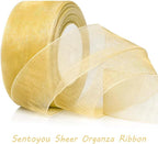 Gold Ribbon for Gift Wrapping, 1 inch 50Yard Sheer Organza Ribbon for Flower Bouquet, Golden Gifts Wrap Chiffon Ribbons for Fathers Day, Crafts, Christmas, Wedding, Birthday Party Decoration