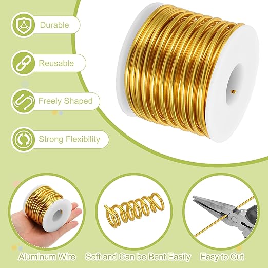 MECCANIXITY 9 Gauge Anodized Aluminum Craft Wire Bendable Bonsai Training Wire 56 Feet 3mm for Sculpting Crafts Wreath Floral Beading Jewelry Making, Gold Tone
