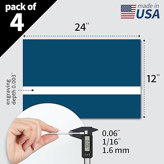 Trotec TroLase | 12"x24"x1/16", 4 Pcs | Blue/White | 2 Ply | Modified Acrylic | Laser Engraving Double Color Plastic Sheet | Engraving Blanks for Laser, Saw, Guillotine | Made in USA