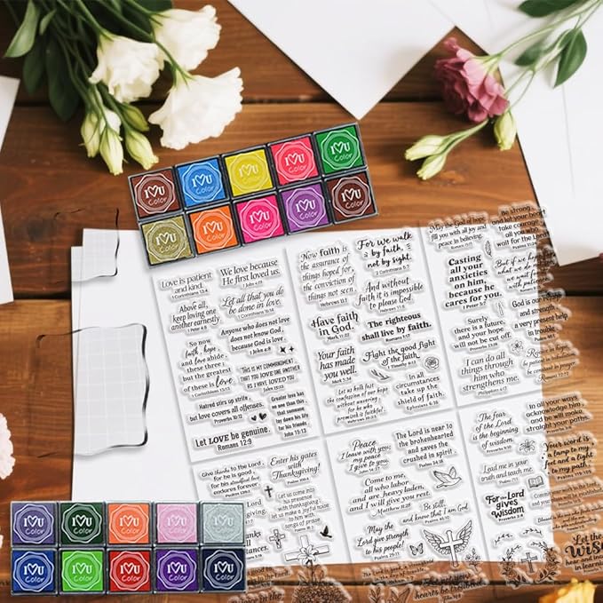 6 Pcs Christian Bible Verse Clear Stamps for Card Making Supplies 20 Craft Ink Pad 3 Acrylic Stamp Block Silicone Stamp with Bless Words Rubber Stamps for Crafting DIY Scrapbooking Journal