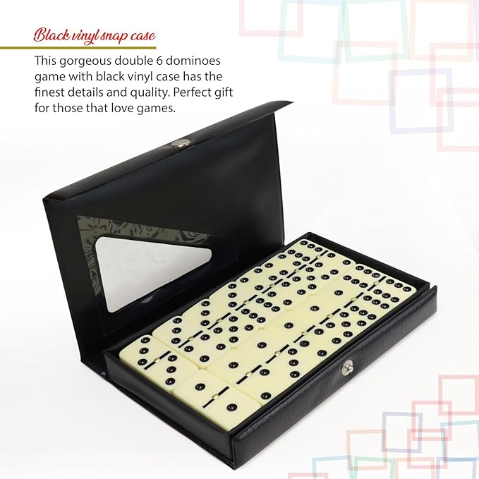 ERLLE - Premium Double 6 Dominoes Set, Classic Domino Game with Vinyl Case, Tiles for Adults & Kids, Mexican Train & Family Game Night