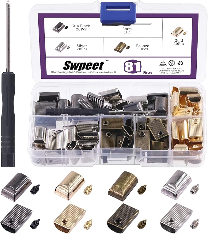 Swpeet 80 Sets 4 Colors Alloy Rectangle Metal Zipper Stopper and Screw Bottom Repair Replacement with Screwdrive Assortment Kit, Zipper Ends Pull Top Stoppers Tail Clip Repair Pull End Tips
