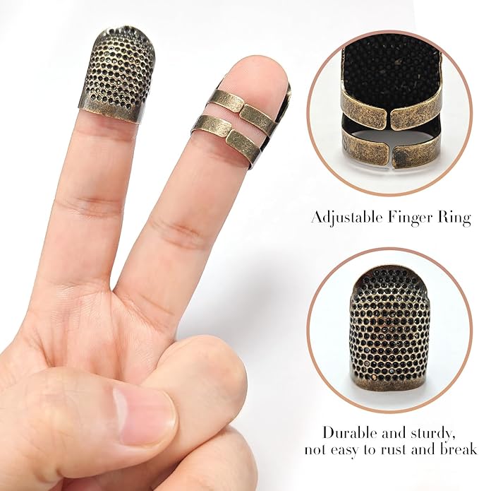 ZESION 4Pcs Sewing Thimbles, Adjustable Metal Thimbles for Hand Sewing Finger Protector, Quilting Craft Accessories for Knitting Needlework DIY Tools, Bronze(2 Sizes, S/M)