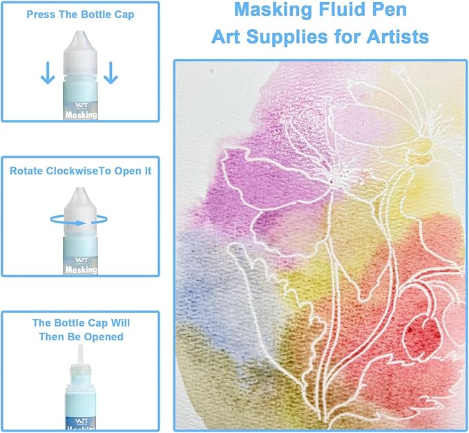 Masking Fluid for Watercolor Painting, 30ml Watercolor Masking Fluid with 2 Brushes & Eraser, Fine Arts & Crafts Supplies for Ink, Watercolor, Gouache Painting