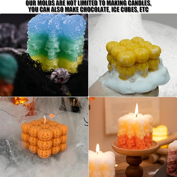 Halloween Candle Molds,1PC Cube Bubble Skull Silicone Candle Mould,3D Silicone Mold for Epoxy Resin Handmade Aromatherapy Candles Wax Soap Halloween Decor (Skul Pattern)