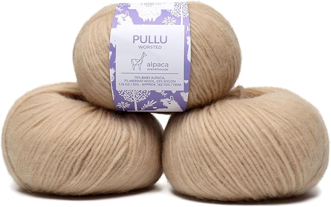 Pullu - Baby Alpaca Merino Wool Yarn Set of 3 Skeins (150 Grams) Worsted Weight - Sourced Directly from Peru - Heavenly Soft and Perfect for Knitting and Crocheting (Almond Latte)