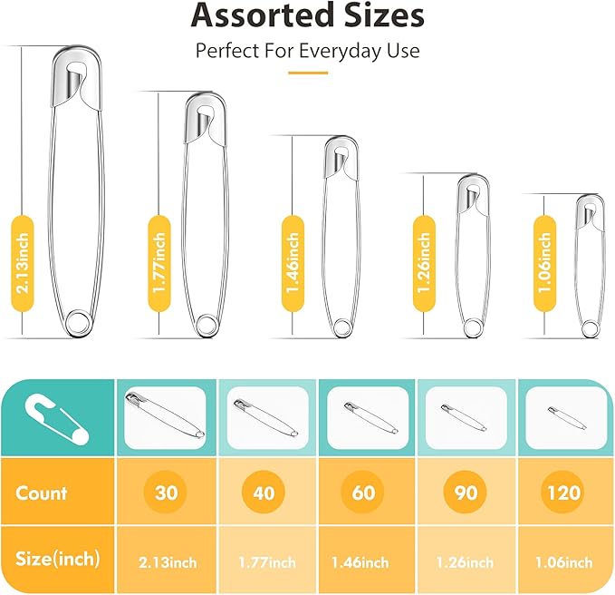 Huhuhero 340 Pack Safety Pins Assorted, Small & Large Heavy Duty Safety Pins for Clothes Costume Sewing, 5 Different Sizes Nickel Plated Steel Pin Bulk, Crafts Art Supplies, Silver