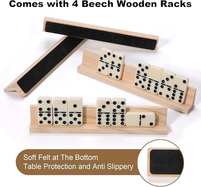 Dominoes Set for Adults, 28 Tiles with 4 Wooden Racks/Trays, Portable Double 6 Domino Game Set, Classic Board Game for Family Fun