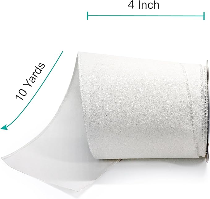 CT CRAFT LLC Glitter Wired Ribbon 4" x 10 Yards White for Christmas Home Decor Bow Gift Wrapping DIY Crafts Wreath
