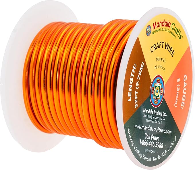 Mandala Crafts 8 Gauge Anodized Aluminum Craft Wire for Jewelry Making - 32 FT Colored Flexible Orange Wire - Bendable for Bonsai Armature Crafting Sculpting