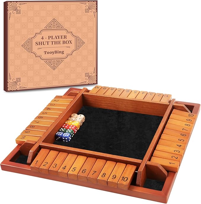 Upgraded 1-4 Players Shut The Box Dice Game, Wooden Board Table Family Game for Kids and Adults with 12 Dice, Classic Tabletop Math Game for Pub Classroom Party, Gift for Christmas Birthday