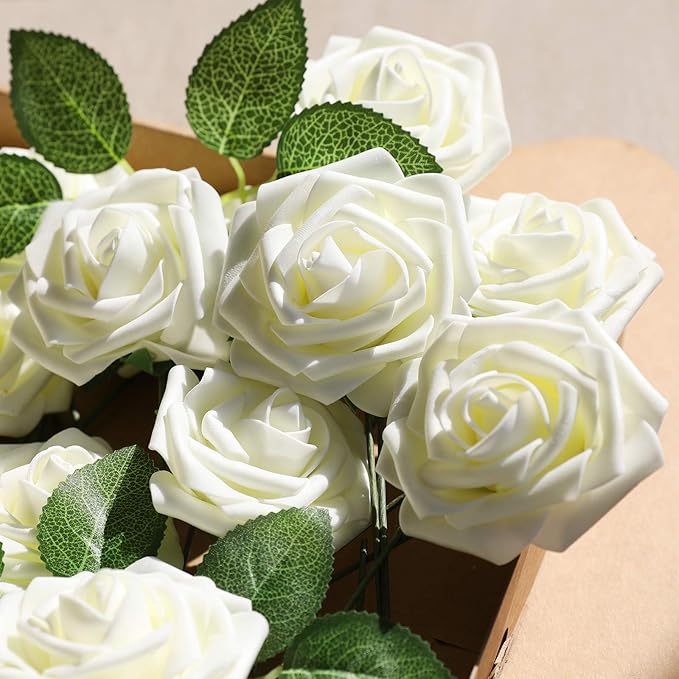 AmyHomie Artificial Flower Ivory Rose 25pcs Real Looking Fake Roses w/Stem for DIY Wedding Bouquets Centerpieces Arrangements Party Baby Shower Home Decorations