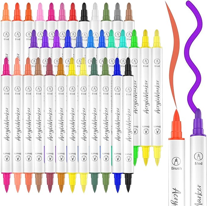 Tommax Acrylic Paint Marker Pens, 36 Colors Dual Tip Acrylic Marker Set for Rock Painting, Canvas, Glass, Fabric, DIY Crafts for Kids and Adults