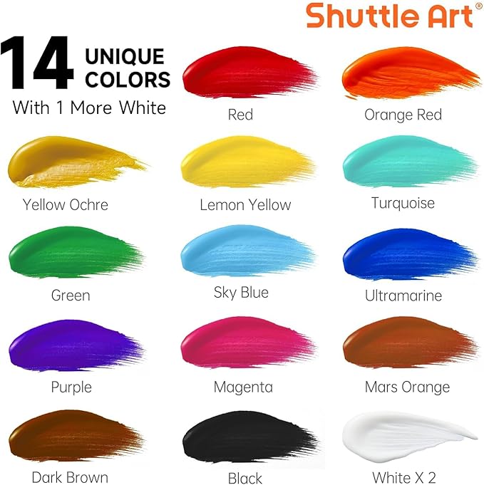 Shuttle Art Acrylic Paint, 15 Pack Acrylic Paint Large Bottle Set, 473ml/16oz Each, 14 Unique Colors and 1 More White, High Viscosity Art Paint for Artists, Beginner & Kids on Rocks Canvas WoodCeramic