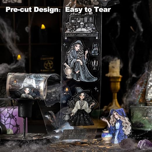 Magic-Themed PET Sticker Tape Set – 6 Rolls Pre-Cut Fantasy Witch Designs, Adhesive, with Clip for Scrapbook, Journal and DIY Decoration