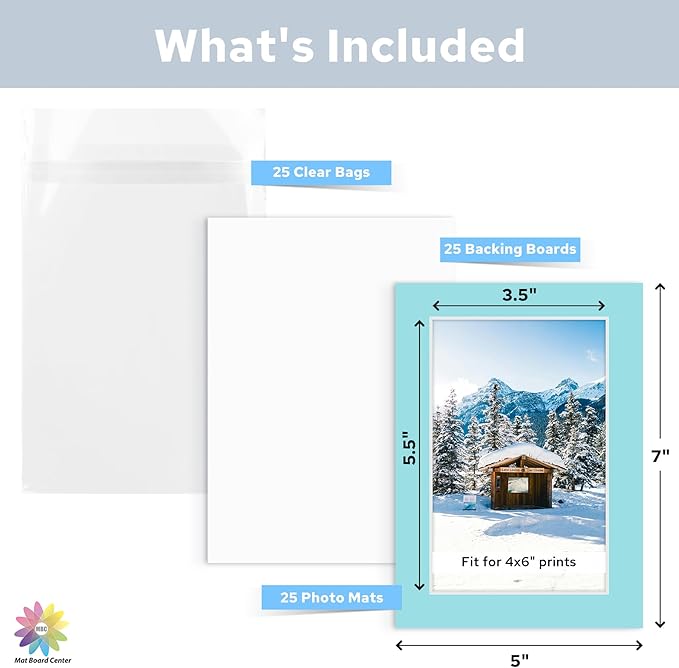 Mat Board Center, Pack of 25, 5x7 for 4x6 Mix Color Mat Kit - Acid Free, 4-ply Thickness, White Core - Includes Backing Boards and Clear Bags - for Pictures, Photos, Framing