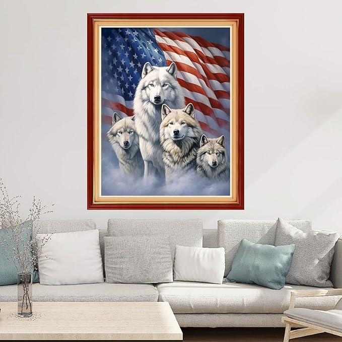 Joyhoor Cross Stitch Kits for Beginners Stamped Cross-Stitch Supplies Needlework preprint Embroidery Kits for Adults DIY Needlepoint Kits Embroidery Patterns 11CT-Flag Wolf 16x20 inchs