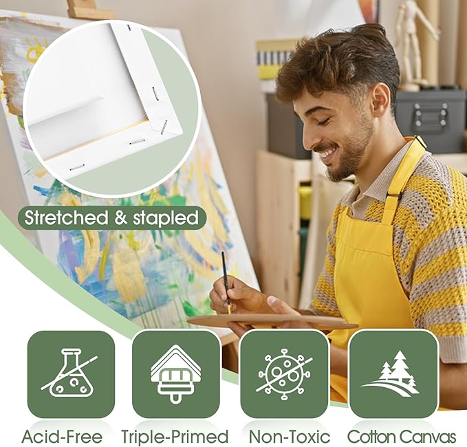 ESRICH Stretched Canvas for Painting 24x36 Inch, 3Pack Large Canvas for Painting, Primed Acid-Free Cotton Blank Canvases, Art Paint Canvases for Oil Paint,Watercolor,Acrylic Paint,Gouache and Tempera.