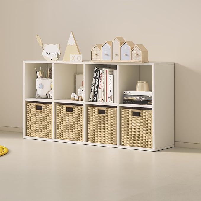 Wood Cube Storage Organizer Closet Cabinet for Living Room Bedroom Study Shelf Bookcase Wooden Floor Standing Open Bookshelf for Kids Home Office Display Storage Cabinet (White, 8-Cube, 11.81in)
