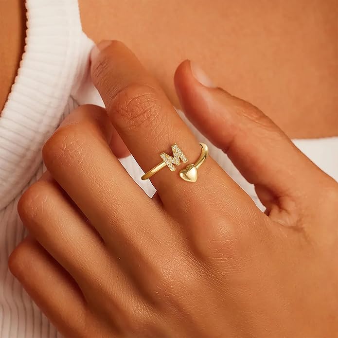 Gold Initial Rings for Women Girls, Dainty 14K Gold Plated Adjustable Initial Rings Cute Heart Zirconia Ring for Women Teen Girl Gifts