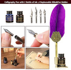 Quill pen ink set,Feather Pen and Ink Set,Antique Calligraphy Pen with 4 Replaceable Nibs,2 Bottle of ink,Feather Dip Pen Holder Christmas Gift for Men&Women.(Purple)