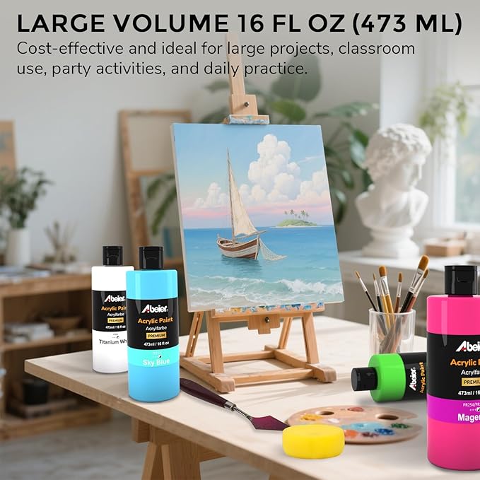 ABEIER Large Bulk Acrylic Paint Set, 15 Colors (473 ml/16 fl oz), Matte Finish, Rich Pigments, Non-Toxic Paints for Painting on Canvas Crafts Wood Ceramic, Ideal for Beginners and Students