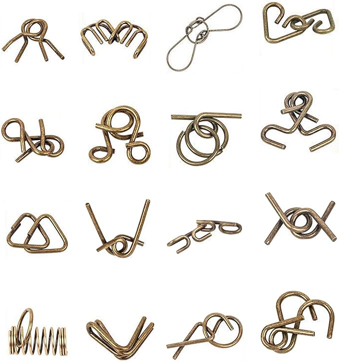 Ahyuan Metal Wire Puzzles Set of 16 Large Thick IQ Test Mind Games Toys Brain Teaser Puzzles Metal Wire Magic Trick Toy Metals IQ Puzzle Fidget Toys Party Favors for Kids Adults Challenge (Bronze)