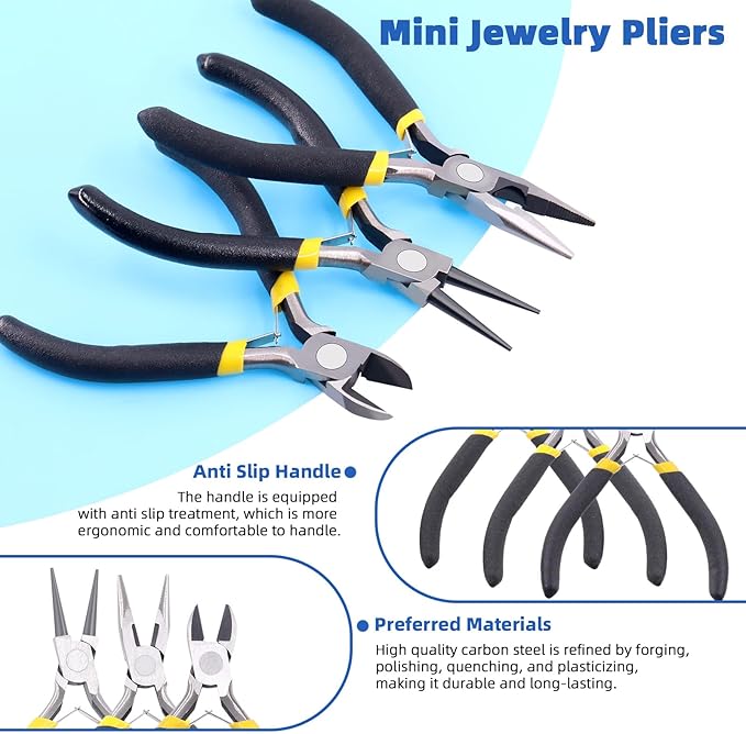 Glarks 8Pcs Jewelry Making Pliers Tools Kit includes Needle Nose Pliers, Wire Cutters, Wooden Awl, Tweezers, thimble ring, U-shape Scissors for Jewelry Making, Repair and Beading