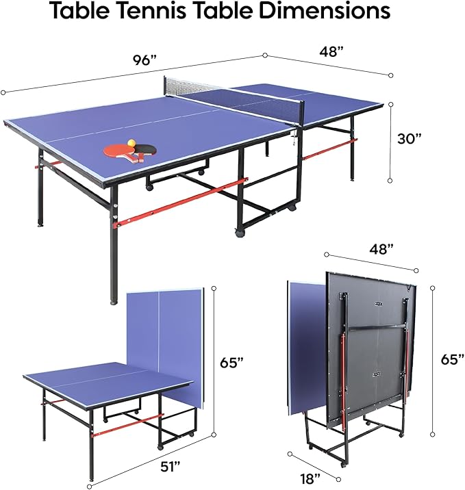 Professional Foldable Ping Pong Table for Indoor & Outdoor - 8FT Mid-Size Table Tennis Table with Net, 2 Table Tennis Paddles and 3 Balls - Quick & Easy Assembly
