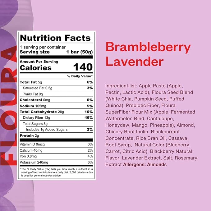 Floura Brambleberry Lavender Fruit-Forward Fiber Bars– High Fiber, Vegan, Gluten & Dairy Free, Low Calorie Healthy Snack Bars with Upcycled Produce for Gut Health [10 Pack]