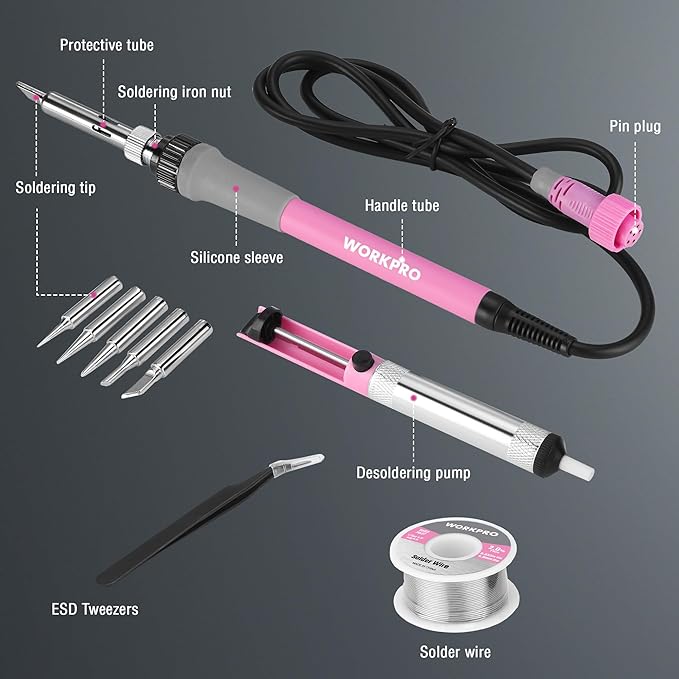 WORKPRO Soldering Station, 60W Soldering Iron Kit Digital Display, 5 Extra Iron Tips, Precision Temperature Control Solder Station for Electronic Repair, DIY Enthusiasts - Pink Ribbon