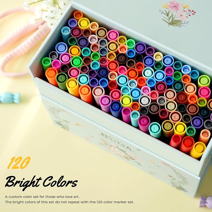 Ohuhu Markers for Adult Coloring Books No Bleeding 120 Colors Coloring Markers Water-based Dual Tips Fineliner & Brush Drawing Pens Art Pens for Kids Adults Sketch Journal - Maui - White