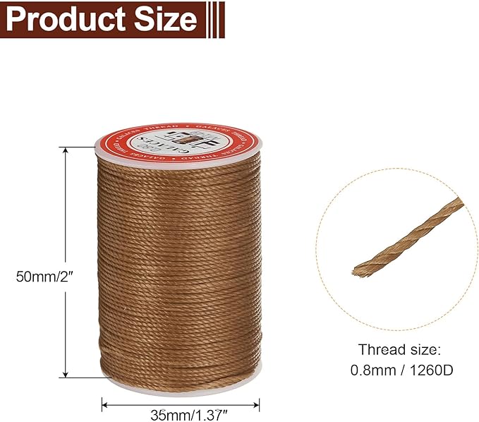 uxcell Round Leather Sewing Waxed Thread, 55m / 60 Yards Wax Polyester String, 0.8mm Waxed Stitching Cord for Leather Crafts, Bookbinding, Bracelets Braided, Light Brown