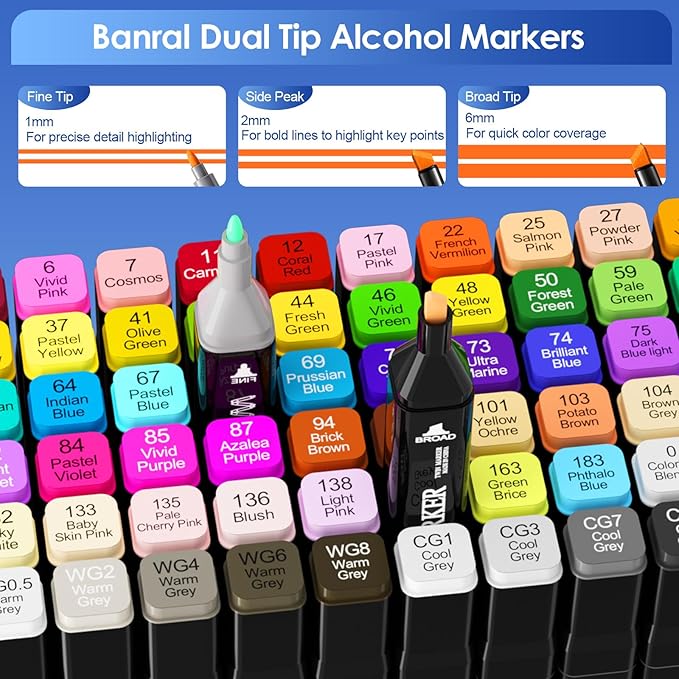 Banral 60 Colors Alcohol Markers Set, Dual Tip Alcohol Based Art Marker for Artists Kids Adult Coloring, Permanent Illustration Sketch Pens for Drawing with Case and Holders