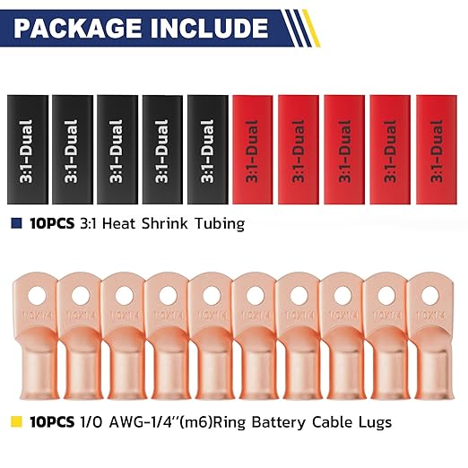 haisstronica 10pcs 1/0 AWG - 1/4"(M6) Battery Cable Lugs, Heavy Duty Copper Wire Lugs with 10pcs 3:1 Adhesive Heat Shrink Tubing, 0 Gauge Wire Connectors Battery Terminal Connector, Battery Cable Ends