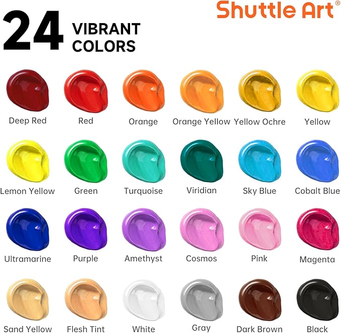 Shuttle Art Acrylic Paint, 24 Colors Acrylic Paint Bottle Set, 250ml/8.45oz Each, Rich Pigments, High Viscosity, Bulk for Artists, Beginners and Kids Painting on Rocks Crafts Canvas Wood