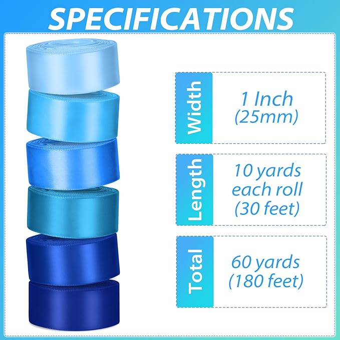 1 Inch Blue Satin Ribbons for Crafts, 6 Rolls Single-Faced Blue Assorted Ribbons for Gift Wrapping Flower Bouquet Wedding Invitations Bridal Shower Hair Bows Garland Party Decor