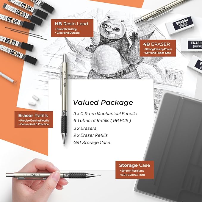 Nicpro 0.9 mm Art Mechanical Pencils Set in Gift Case, 6 PCS Metal Drafting Pencil 0.9mm with 6 Tube HB Lead Refills & 18 PCS Eraser Refills for Adults, Children, Artist Writing, Drawing, Sketching