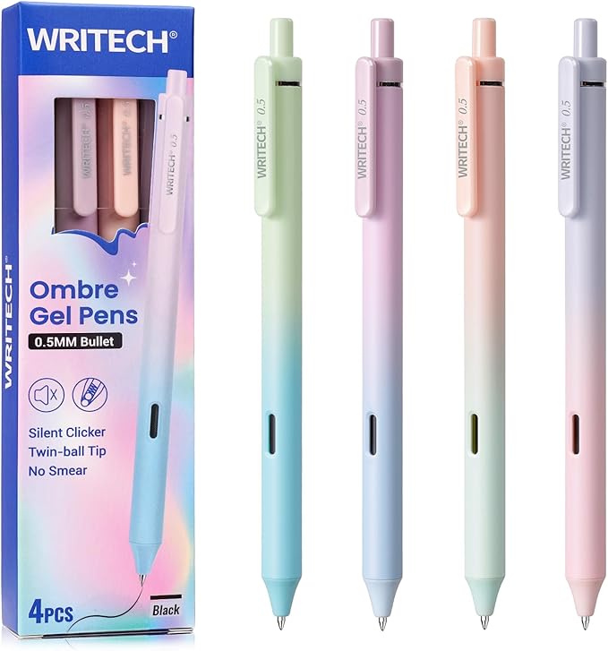 WRITECH Gel Pens Fine Point: 0.5mm Black Ink Retractable 4ct Smooth Writing No Bleed with Aesthetic Gradient Color Pen Barrel for Journaling Note Taking Sketching