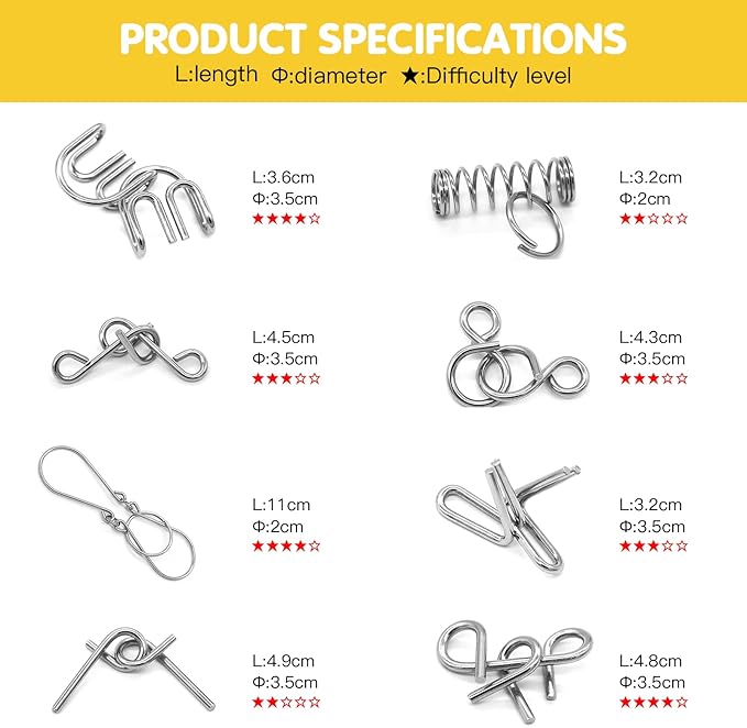 Metal Wire Puzzle 16-Piece Set with Pouch – IQ Test Brain Teaser Disentanglement Chinese Ring Fidget Toy for Kids & Adults – Portable Party Favor