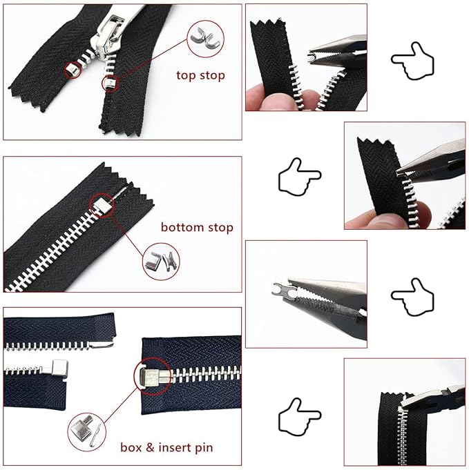48 Pieces Metal Zipper Repair Accessories Set, Zipper Head Slider Retainer Box Insert Pin Top Bottom Stoppers for DIY Sewing Replacement Zipper Repair Kit 3# 5# 8# 10# (Platinum)