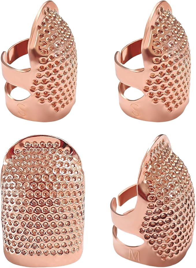 FR 4 Pack (2 Sizes, S/M) Sewing Thimble Finger Protector, Adjustable Finger Metal Shield Protector Pin Needles Sewing Quilting Craft Accessories DIY Sewing Tools Needlework Rose Gold