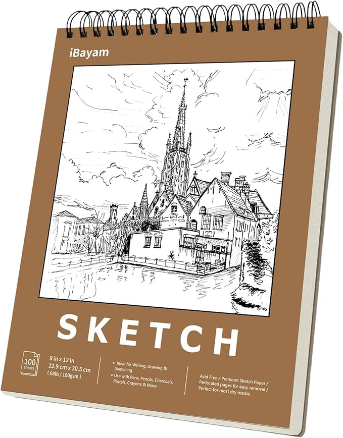 iBayam 9x12 Sketchbook, Spiral Bound Sketch Book for Kids, Teens Adults Artists Beginners, Drawing Supplies Art Supplies,100 Sheets (68lb/100gsm) Premium Drawing Pad for Sketching Writing Painting