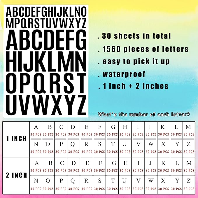Bemeol Letter Stickers 1560 Pieces 30 Sheets Stick on Vinyl Letters Capital Alphabet Sticker Letter for Craft Bulletin Boards Classroom Home Business Decor(Black,1 Inch,2 Inch)