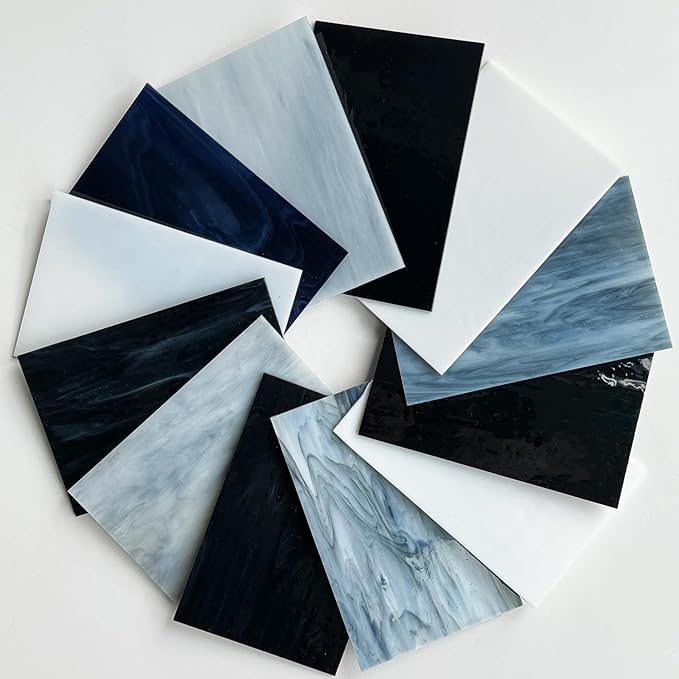 ILLUCKAI 12 Sheets Stained Glass Sheet Assorted Gray Black White Colors, 6 x 4 inch Stained Glass Supplies Mosaic Glass Tiles for Stained Glass Artwork Mosaic Crafts